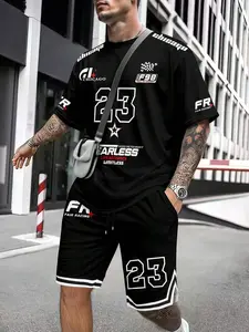 Breathable High-Street Men's Summer Outfit - Number 23 Graphic Short Sleeve Tee and Athletic Shorts Set - Quick-Dry Fashion Tracksuit for Gym, Basketball & Hip-Hop Street Style Streetwear Tracksuit Set