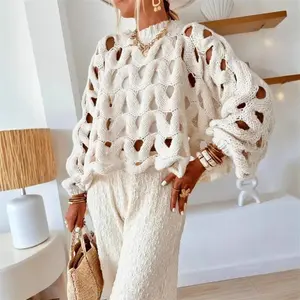 Women’s Casual Solid Color Vacation Beach Hollow-Out Crochet Long-Sleeve Sweater Pullover