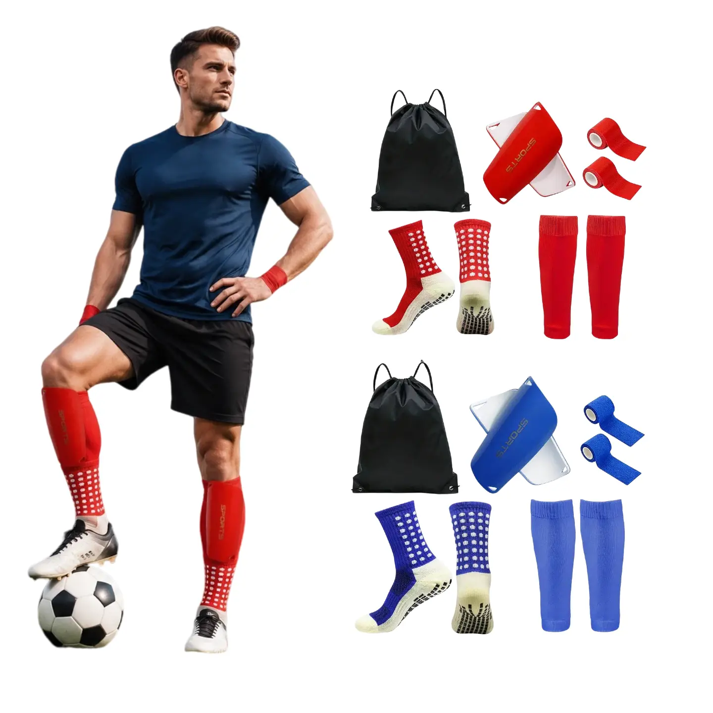 5-in-1 Kit  Elite Soccer Training Bundle - Anti-Slip Grip Socks, Durable Shin Guards, Compression Leg Sleeves, Grip Tapes & Drawstring Bag for Men, Women & Youth