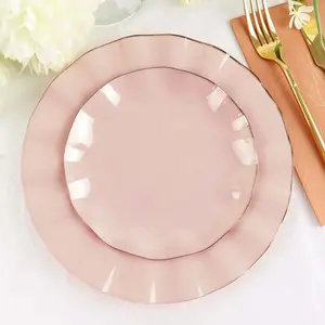10-Pack Plastic Round 6" Dessert Plates in Blush Ruffled Rim with Gold Edging - Sturdy Disposable Salad Appetizer Dinnerware