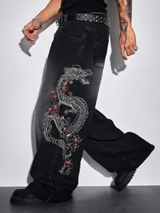 2026 Spring Summer American Street Retro Wide Leg Pants with All-Over Embroidery, Trendy Loose Fit Denim Trousers for Casual Style