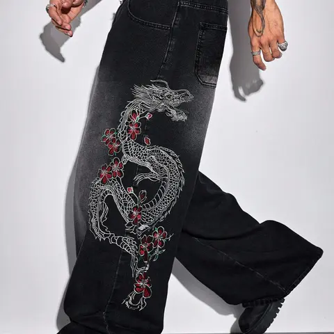 2026 Spring Summer American Retro Wide-Leg Pants with Dragon Embroidery, Trendy Casual Style Loose-Fit Man Jean Denim Trousers for Daily Wear