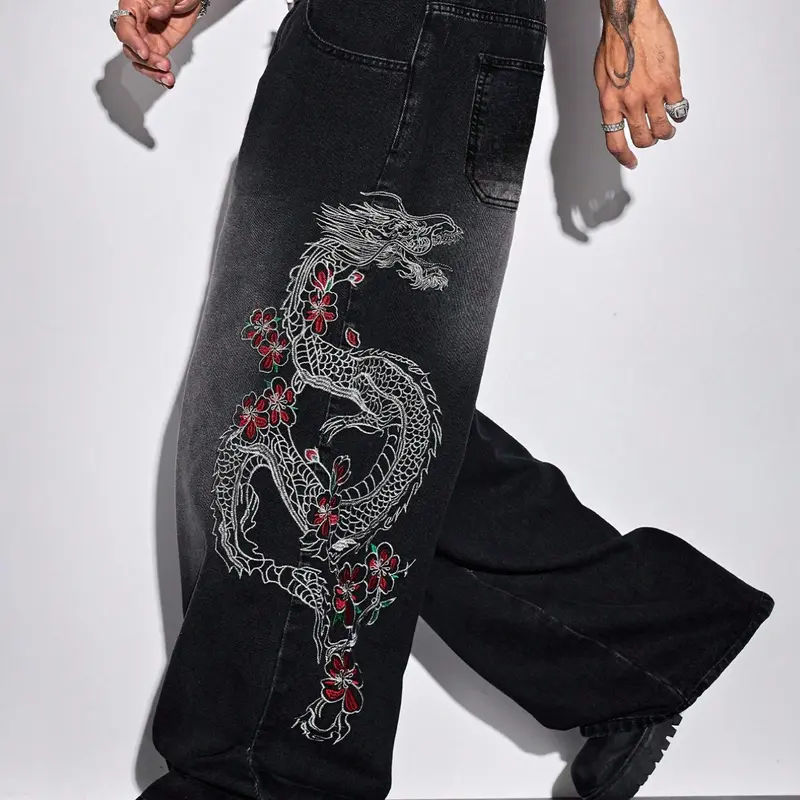 2026 Spring Summer American Retro Wide-Leg Pants with Dragon Embroidery, Trendy Casual Style Loose-Fit Man Jean Denim Trousers for Daily Wear