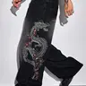 2026 Spring Summer American Retro Wide-Leg Pants with Dragon Embroidery, Trendy Casual Style Loose-Fit Man Jean Denim Trousers for Daily Wear