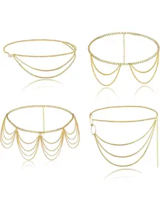 4 Pieces Belly Chain Belts for Women Girls Multi-Layer Waist Chains Golden Body Chains for Summer Beach Bikini Costume Body Chain Jewelry 90-130cm Gold Adjustable Waist Chain