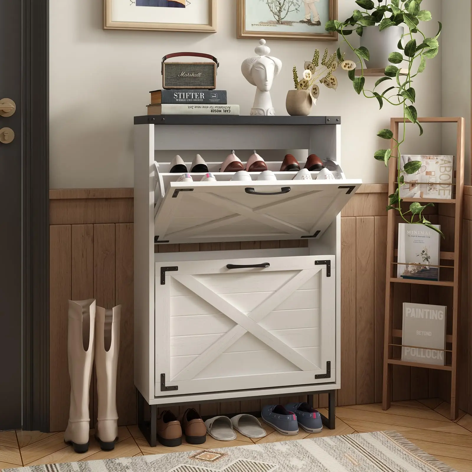 [Summergarden] Vabches 24" W Farmhouse Shoe Cabinet, Freestanding Entryway Storage Organizer with 2 Flip Drawers