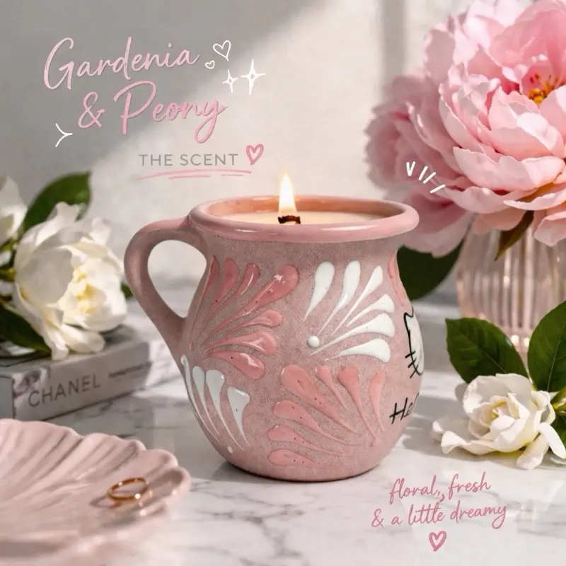 Authentic Pink Mug Candle Gardenia & Peony Scent Wood Wick Cozy Home Decor Quirky Charming Accessory for Living Room Bedroom