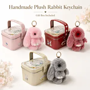 Soft Plush Bunny Keychain with Matching Tin Box, Handmade Rabbit Bag Charm, Cute Purse & Backpack Accessory, Easter Basket Stuffer, Christmas Birthday Gift for Women and Girls