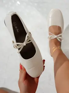 Women's Fashion Bow Flat Shoes, Lightweight Breathable Summer Spring Footwear, Comfortable Textile Upper, Elegant Style, Square Toe