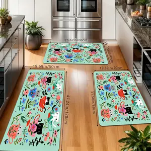 Cute Cat & Floral Kitchen Rugs Set, Non-Slip Washable Floor Mats, Mint Green Cartoon Cat Print Runner Carpets for Kitchen, Bathroom & Cat Lover Decor