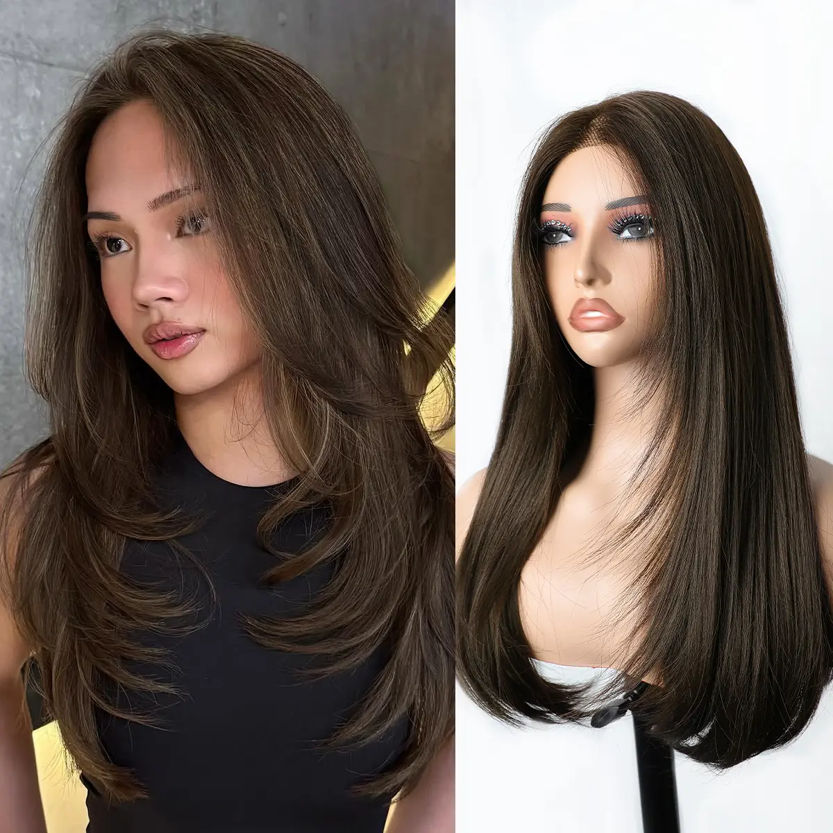 Vigorous Synthetic Fiber Frontal Lace Wig for Black Women, 22-In Straight Black, HD Lace, Glueless, Hand-Tied, Pre-Plucked Hairline, Frontal Lace Wigs, Synthetic Fiber Wig