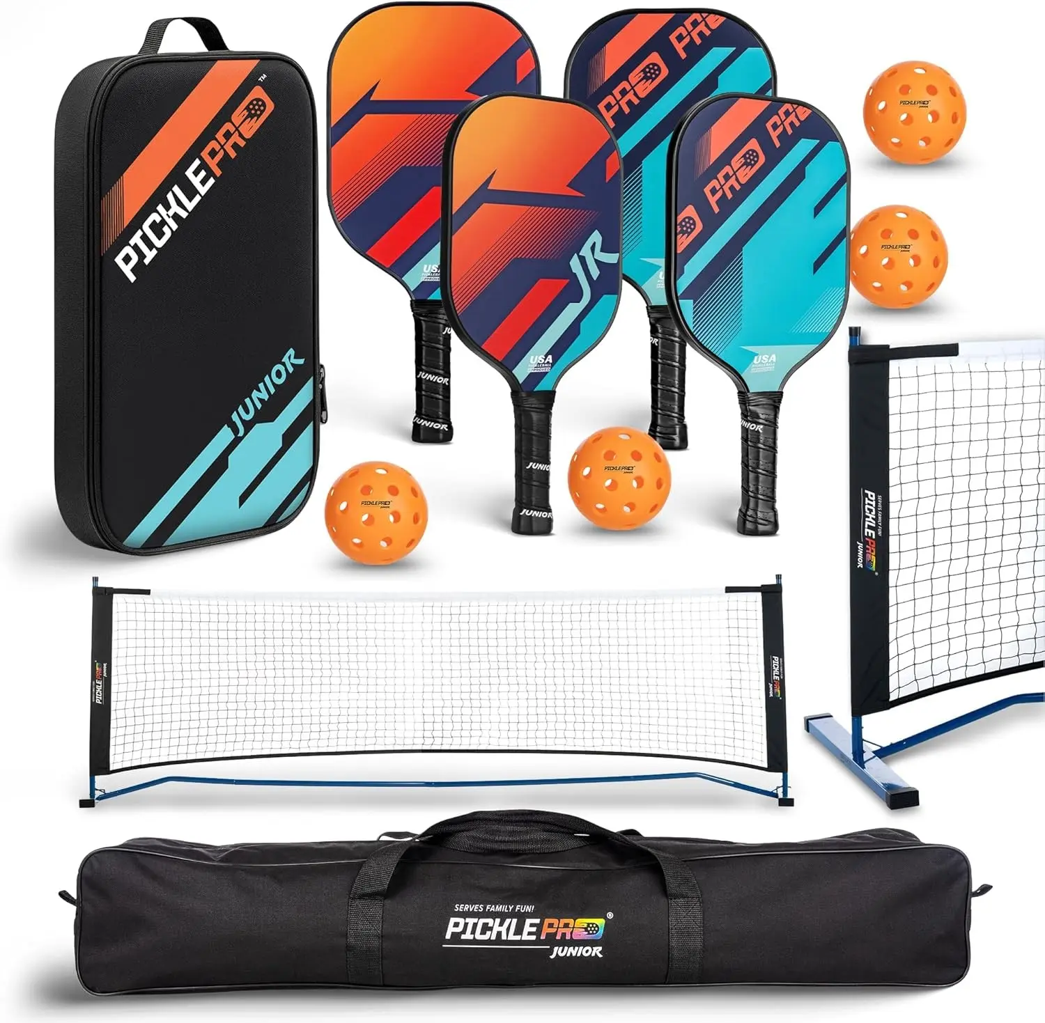 PicklePro Junior – Complete Pickleball Set with 10ft Net for Youth & Families – Includes 4 Junior Paddles, 4 Pickleballs, Carry Bag & Portable Net – USAP Approved Beginner Pickleball Kit
