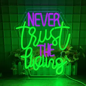 Never Trust The Living Neon Sign Led Sign for Wall Decor Halloween Tombstone Neon Light for Party Chamber of Secrets Spooky House Bedroom Dimmable USB Led Light Sign