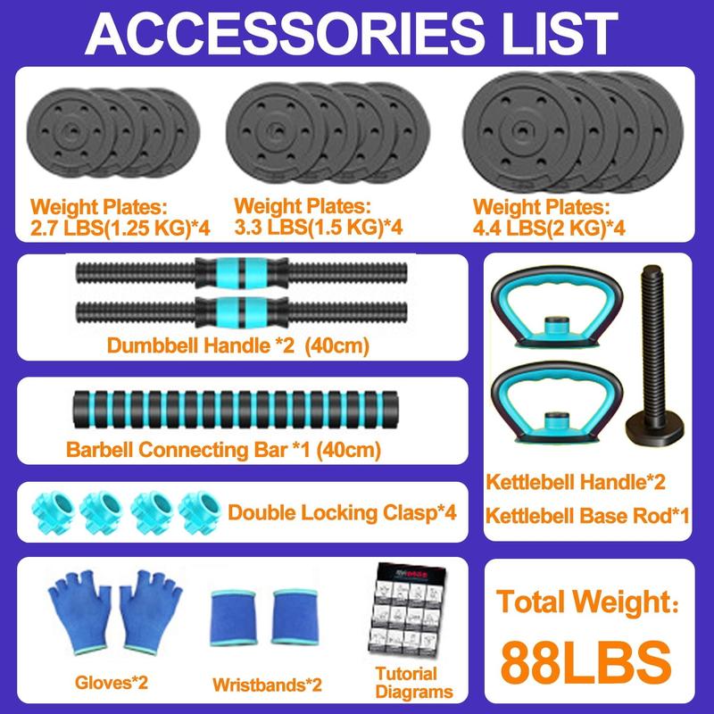 Adjustable Dumbbells, 45LBS 4-in-1 Portable Changeable Dumbbell, Kettlebells, Push up Stand and Barbell Set with Adjustable Weights Dumbbells