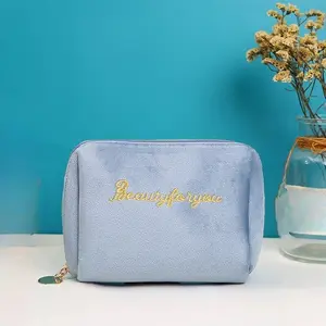 Fuzzy Fabric Makeup Bag, Portable Cosmetic Organizer, Handheld Embroidered Storage Pouch, Ideal for Travel and Daily Use, Cosmetics Bag, Travel Makeup Bags Organizers