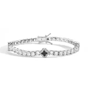 ORPHIC 5A Cubic Zirconia Tennis Bracelet, Hip Hop Unisex Lobster Clasp Bracelet with Black Floral Motif Design, Body Jewelry Gift