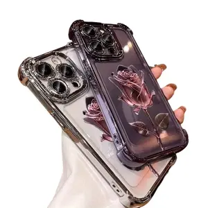 Pink rose electroplating pattern, anti-drop, non-slip TPU mobile phone protective case, suitable for iPhone 17 16 15 14 13 12 11 PRO MAX PLUS、AIR and iPhone X XS MAXand other series models, can be given as a gift to boys or girls unique phone case