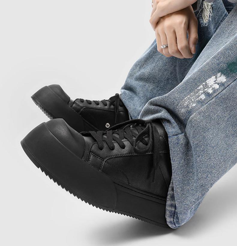 Men's Cleanfit Platform Sneakers All Black Leather-Like Simple Slim Leg Stylish