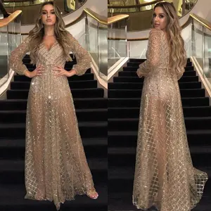 Women's Dress Hollow Sexy V-neck Backless Gold Foil Gown Formal Womenswear Spot Long Sleeve Basic Minimalist