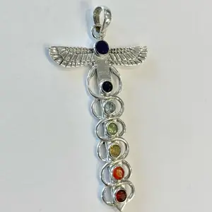 Sterling Silver 925 Multi Gemstone Cross Wings Pendant