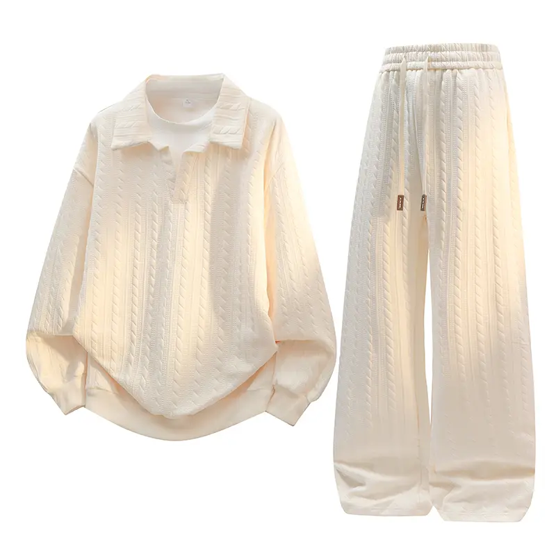Unisex Cream Co-ord Set, Casual Cable Embossed 2-Piece Fashion Outfit with Long Sleeve Polo Top and Drawstring Pants, Fashion Apparel, 2 Piece Sets, Elastane, Polo Shirt, Casual Wear, Style, Everyday, Hoodie, Pullover, Polyester Mix, Lapel