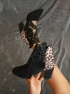 Women's Lace Leopard Print Chunky Heel Short Boots, Hollow Out High Heeled Sandals, Vintage Lace Patchwork Leopard Booties Rubber
