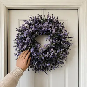 Artificial Lavender Wreath For Spring & Summer. Perfect Front Door Hanging Decor, Ideal For Porch, Window, Wall And Indoor Outdoor Decoration. Elegant Purple Floral Wreath Adds Farmhouse Charm To Your Entryway And Home