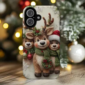 Cute Reindeer Trio Christmas Phone Case for iPhone 11–17 | Cozy Holiday Winter Animals Design with Scarves & Ornaments | Festive Aesthetic Cover Gift