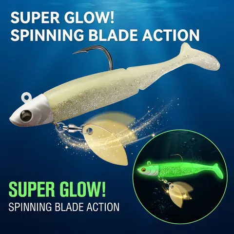 Pre-Rigged Underspin Spinner Jig Glow Swimbait Fishing Equipment Lures - 90mm Soft Plastic, Weighted Blade, Interchangeable Paddle Tail, Natural Swim Action, Super Glow Effect, Tie-On & Cast, Perfect Size for Bass, Slow Retrieve Optimized, Perfect Size Fo