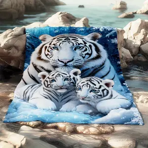 Adventure-Proof, Cozy White Tiger & Cub Print Flannel Throw Blanket - Soft, Lightweight & Warm for Sofa, Bed, Travel, Camping, Office Chair - Machine Washable Polyester, All-Season Comfort-280GSM