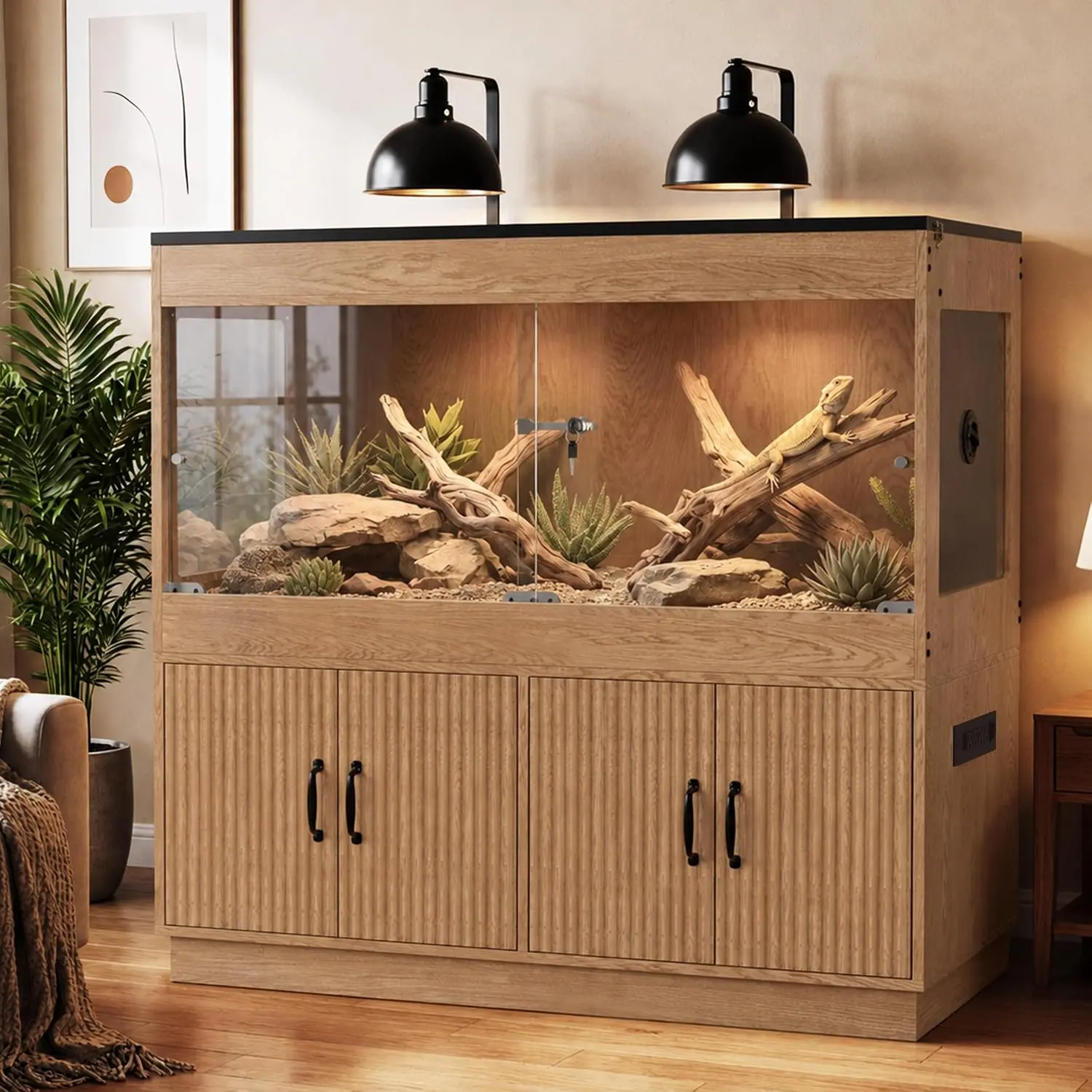 Herture 120 Gallon Reptile Tank with Stand, 48"W x 24"D x 48"H Large Terrarium for Bearded Dragon, Snake, Lizard – Sliding Glass Doors with Keyed Lock, Ventilated Mesh Top, Built-in 4-Outlet Power Strip & Storage Cabinet, Furniture-Style Design for Home