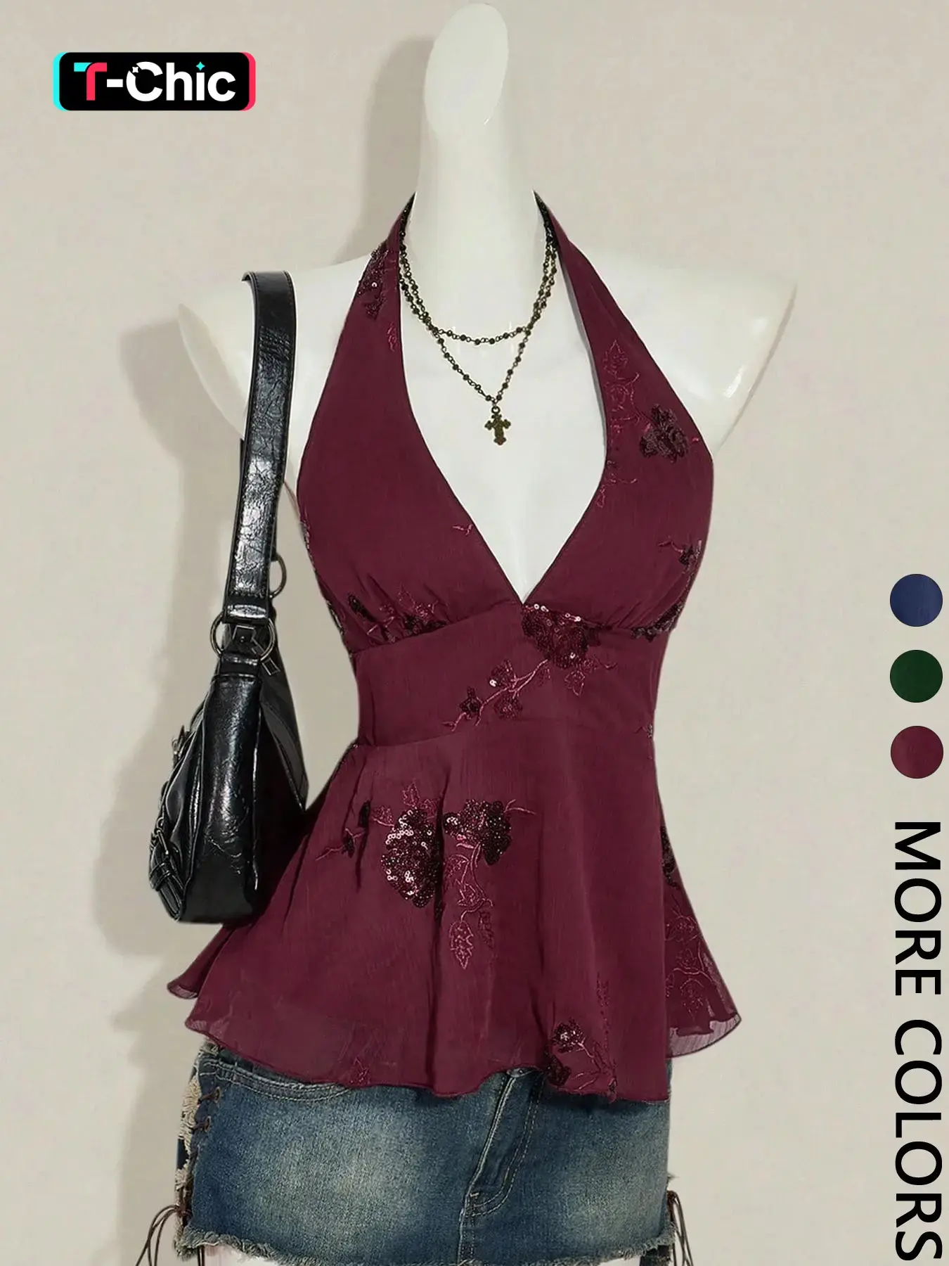 1 Piece Beaded Halter Tank Top | Euro-American Retro Vibe | Deep V Design + Floral-Decor | Elegant Pick for Dinner Parties / Wedding Guests