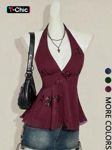 1 Piece Beaded Halter Tank Top | Euro-American Retro Vibe | Deep V Design + Sequin Beading | Elegant Pick for Dinner Parties / Wedding Guests