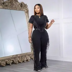 summer spring clothes 2025 New Fashion Fringe Short Sleeved T Shirt Women Suit Slim Fit Wrap Buttock Tight Fitting Trousers Female two piece Set Womenswear Check Light Gamis Basic Black Crewneck Minimalist Shortsleeve