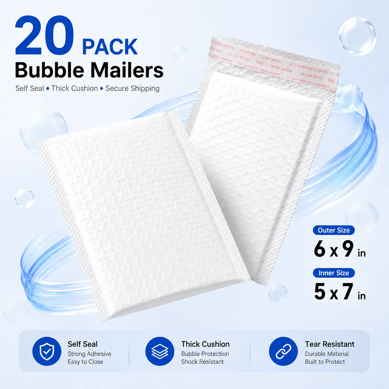 White Padded Bubble Mailers with Bubble Cushion, 20-Pack 6x9 in Envelopes (5x7 in Usable Space), Self-Adhesive Shipping Bags for Home Offices, Small Business Packaging, Jewelry