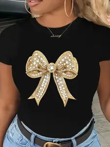 Women's Rhinestone Decor Bow Print Round Neck Tee, Crew Neck Short Sleeve T-shirt for Daily Holiday Vacation Outdoor Wear, Ladies Clothes for Summer, Crewneck Top, Casual Fashionable Top