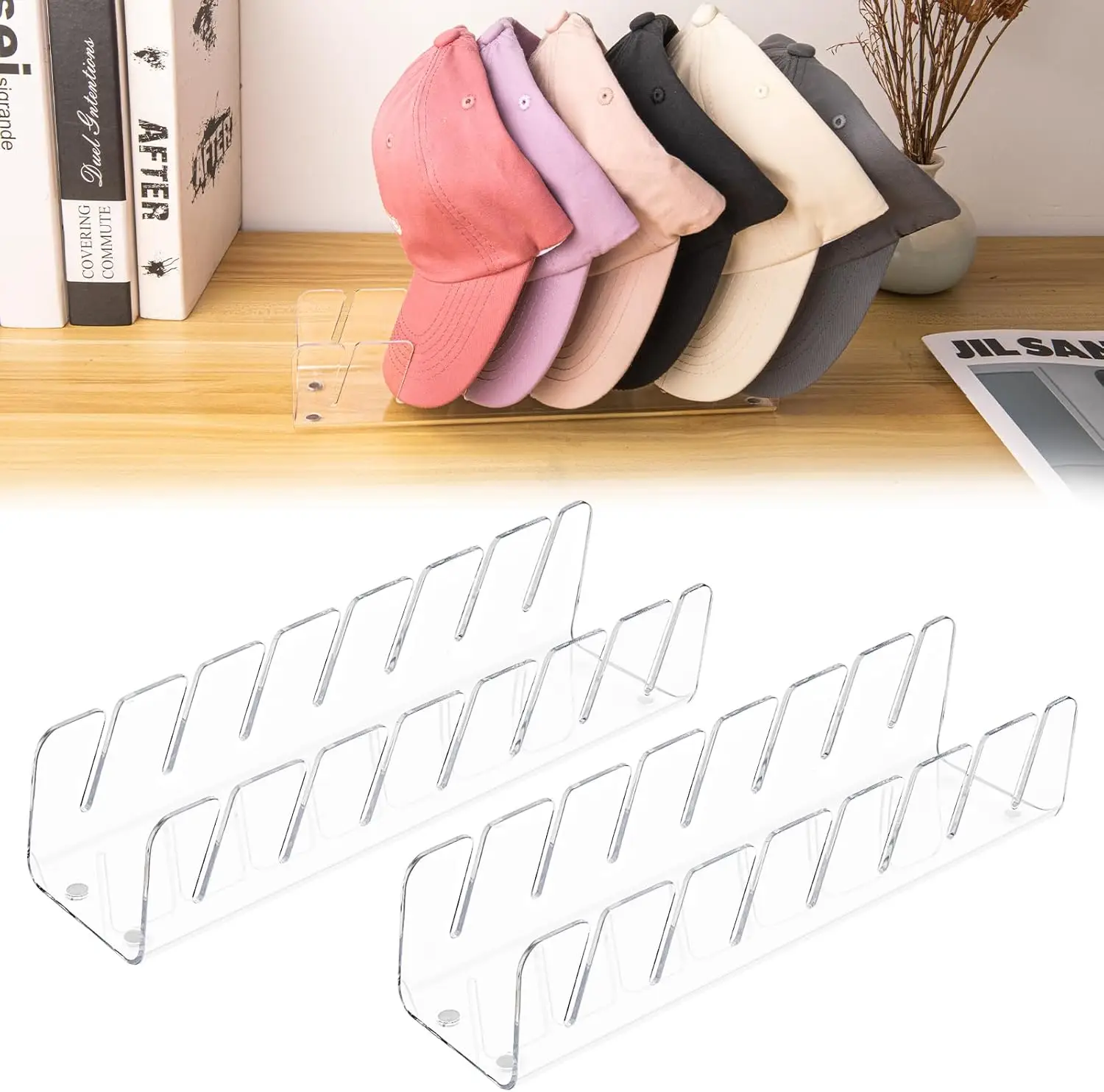 Hat Stand for Baseball Caps Display and Organizer - 2 Pcs, 2024 New No Install Acrylic Hat Holder for 14 Baseball Caps for Bedroom,Dresser,Closet Rack