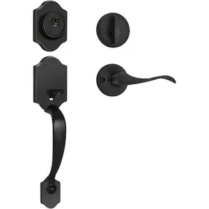 Matte Black Front Door Handle and Deadbolt Set, Front Door Lock Set, Weather Resistant Entry Door Locksets with Single Cylinder Deadbolt, Exterior Door Handle with Reversible Handle Lever