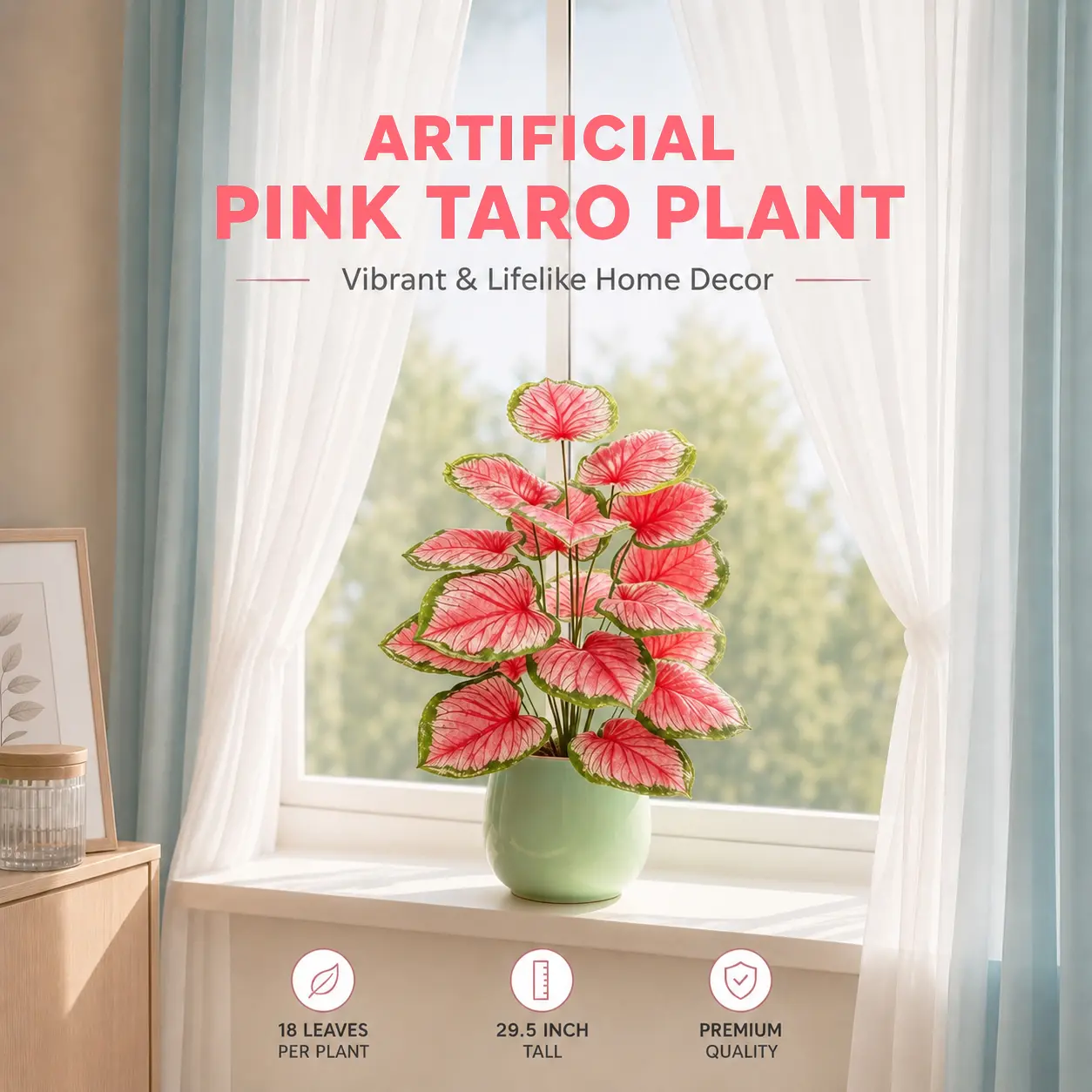 Photorealism Lifelike Artificial Taro Leaves - 18 Heads, 29.53in Plastic Pink Taro Plant, No-Maintenance Faux Foliage for Home Window, Room Daily Decor (Office Entryway Included), Decorative
