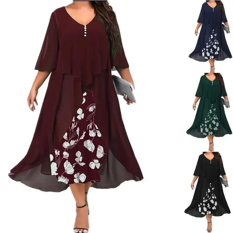 2026 New Plus Size Women's Chiffon Patchwork Fake Two-Piece Irregular Mid-Sleeve  Women's Elegant Loose Midi  Casual Fit dress Formal Womenswear