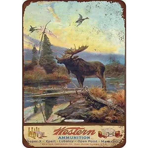 Durable Decorative Wall Decor Mixed Set - Water Resistant, Chemical Resistant Mountable Home Accessories, Retro Metal Tin Sign (Western Ammunition, Moose Theme), Iron Painting, Resin Middle Finger Ghost Statue, Golf Winter Landscape Canvas Poster, Decorat