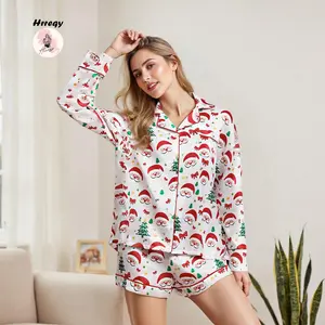 Women's Christmas Pajama Set Long Sleeve Lapel Santa Claus/Christmas Tree Print Shirt Shorts Sleepwear