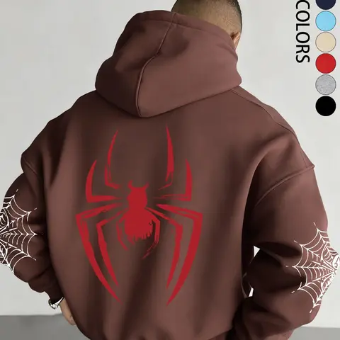 Men's Fall Winter Hoodie with Pockets, Spider Pattern, Animal, Geometric, Unique Spider Print, Drawstring and Kangaroo Pocket, Casual Fitted Sweatshirt, Street Fashion, Hooded Top