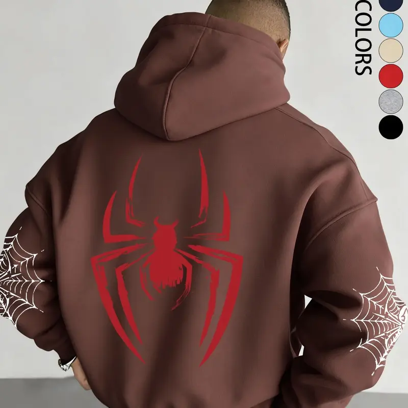 Men's Fall Winter Hoodie with Pockets, Spider Pattern, Animal, Geometric, Unique Spider Print, Drawstring and Kangaroo Pocket, Casual Fitted Sweatshirt, Street Fashion, Hooded Top