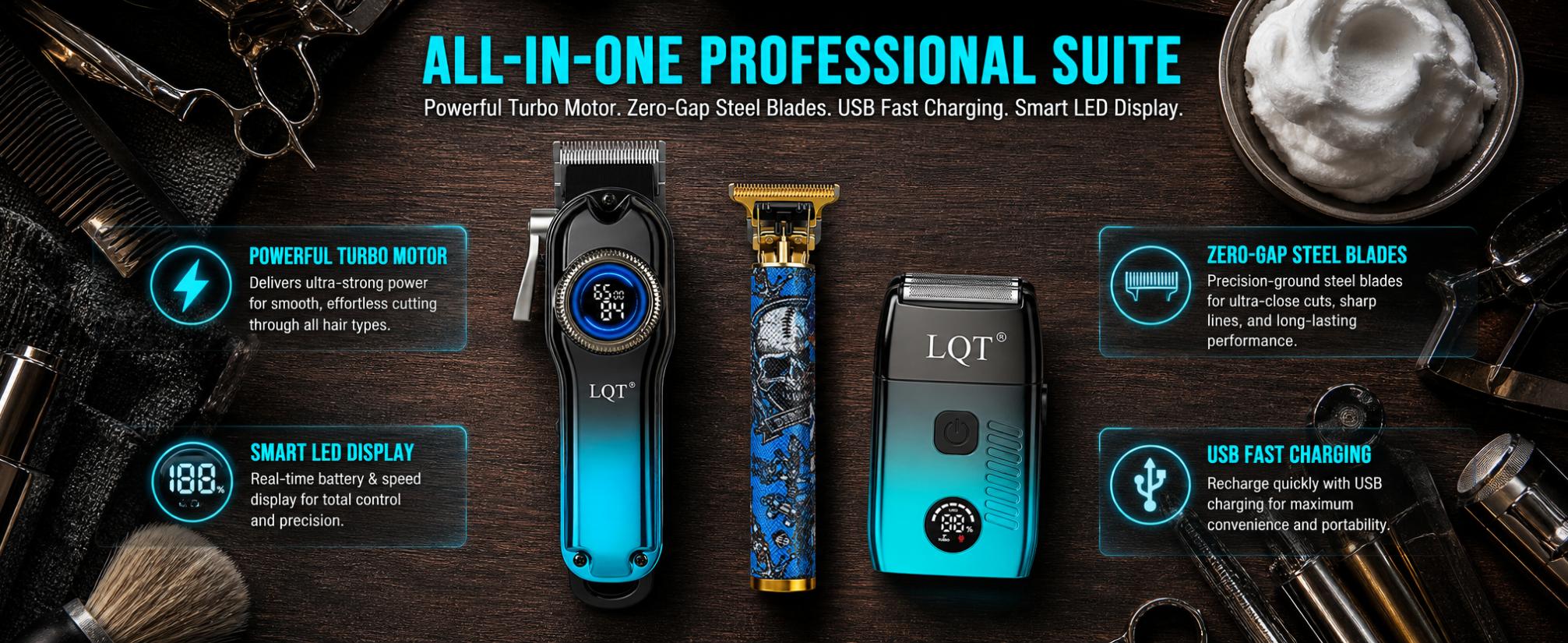 LQT 2/3PCS Blue Rechargeable Professional Hair Clipper Set - Men's Metal Mesh Trimmer, barber equipment，Precision Cutting Kit with Guide Combs, for Home & Salon Use, Christmas Gift