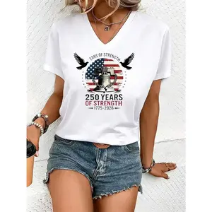The stylish women's loose V-neck T-shirt features a design commemorating the 250th anniversary of the United States' independence, suitable for casual wear in spring and summer, and is made of soft, elastic, and breathable material