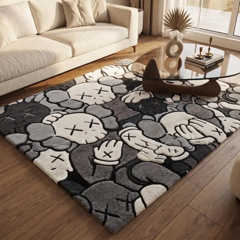 Black Gray & White Cartoon Art DOORMAT, Modern Designer Area DOORMAT, Kids Room Decor, Gaming Room DOORMAT