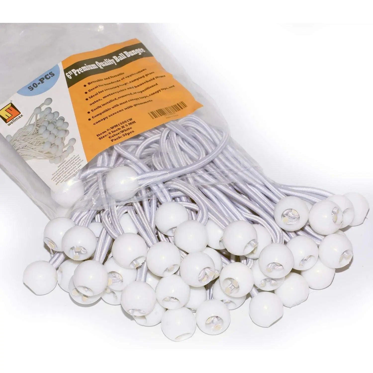 WELLMAX Heavy Duty 6-in Latex Core Ball Bungee Canopy Cords, 50-Piece Pack, 5mm Core, Chain-Compatible Ball Ends, White, for Securing Tents, Canopy Covers, Household & Industrial Purposes