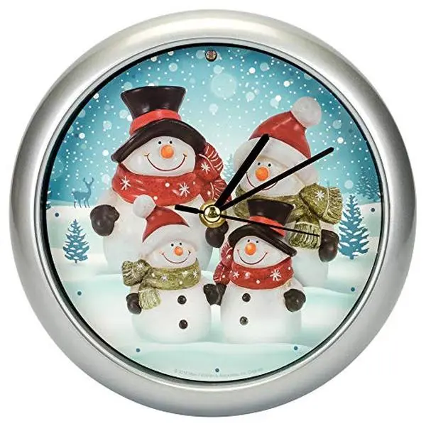 Snowman Family Winter Wonderland Round Silvertone Framed 8-Inch Musical Wall Clock – Plays 12 Traditional Christmas Carols Every Hour, Light Sensor Auto-Silence, Licensed by Wild Wings, Battery Operated Holiday Décor for Wall, Desk & Mantel