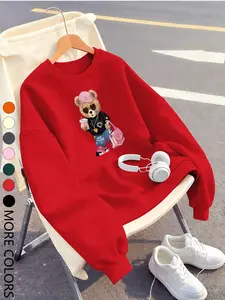 Women's Bear Print Sweatshirt, Casual Fitted Long Sleeve Round Neck, Comfortable Spring & Fall Fashion Top, Multi-Color Options